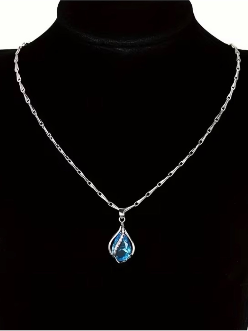 Sterling Silver Blue Teardrop Pendant Necklace. - Picture 4 of 7